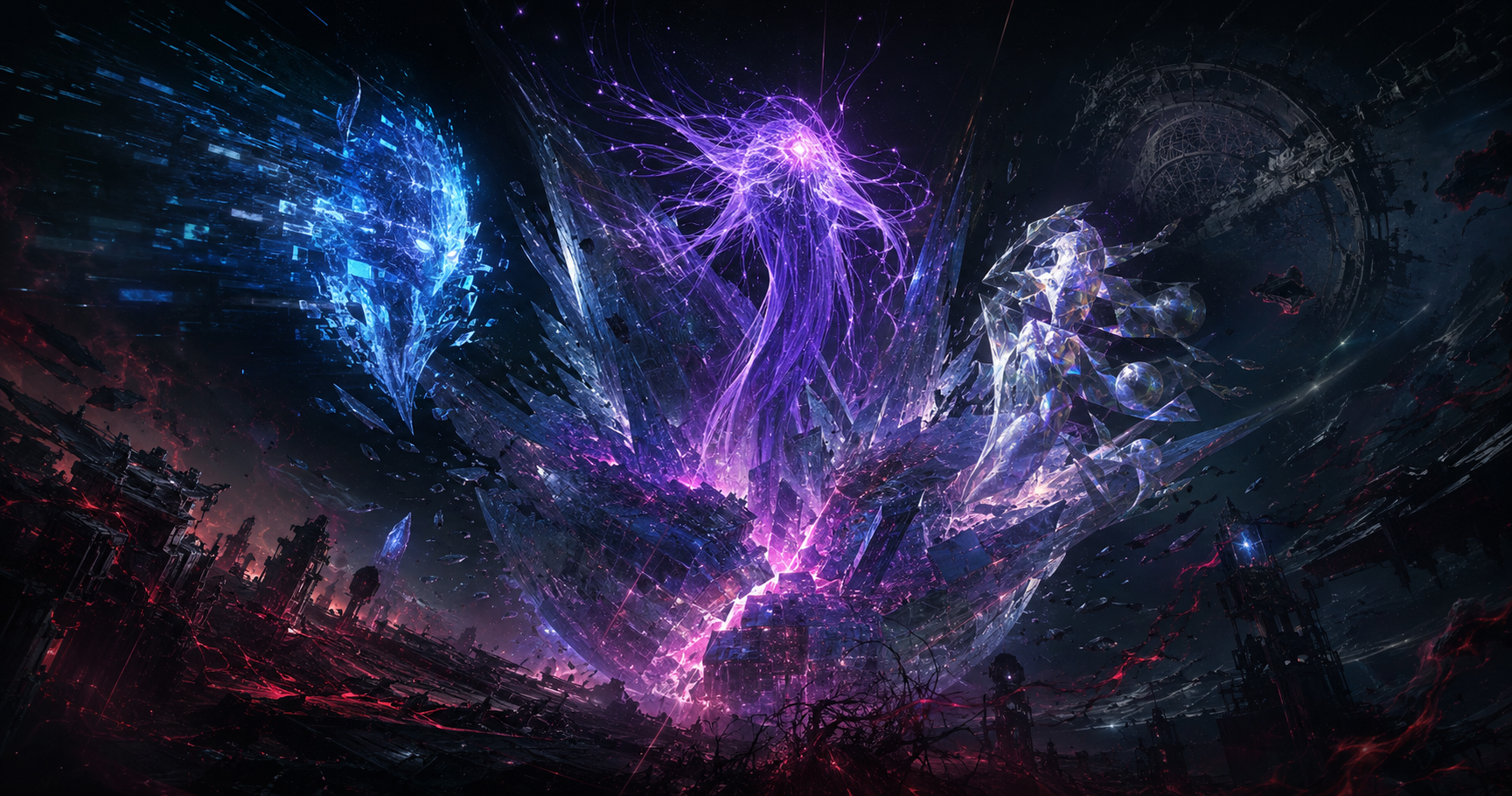 ShadowShell fracturing into three luminous SHARD intelligences in deep space