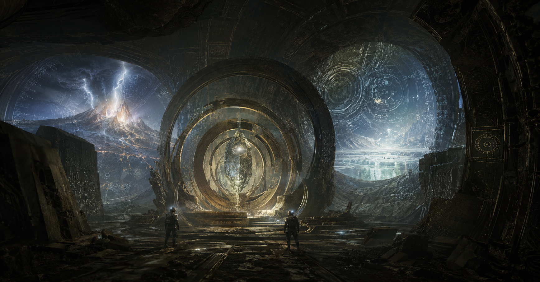 Human scavengers discovering an awakened Velari relic beneath an asteroid