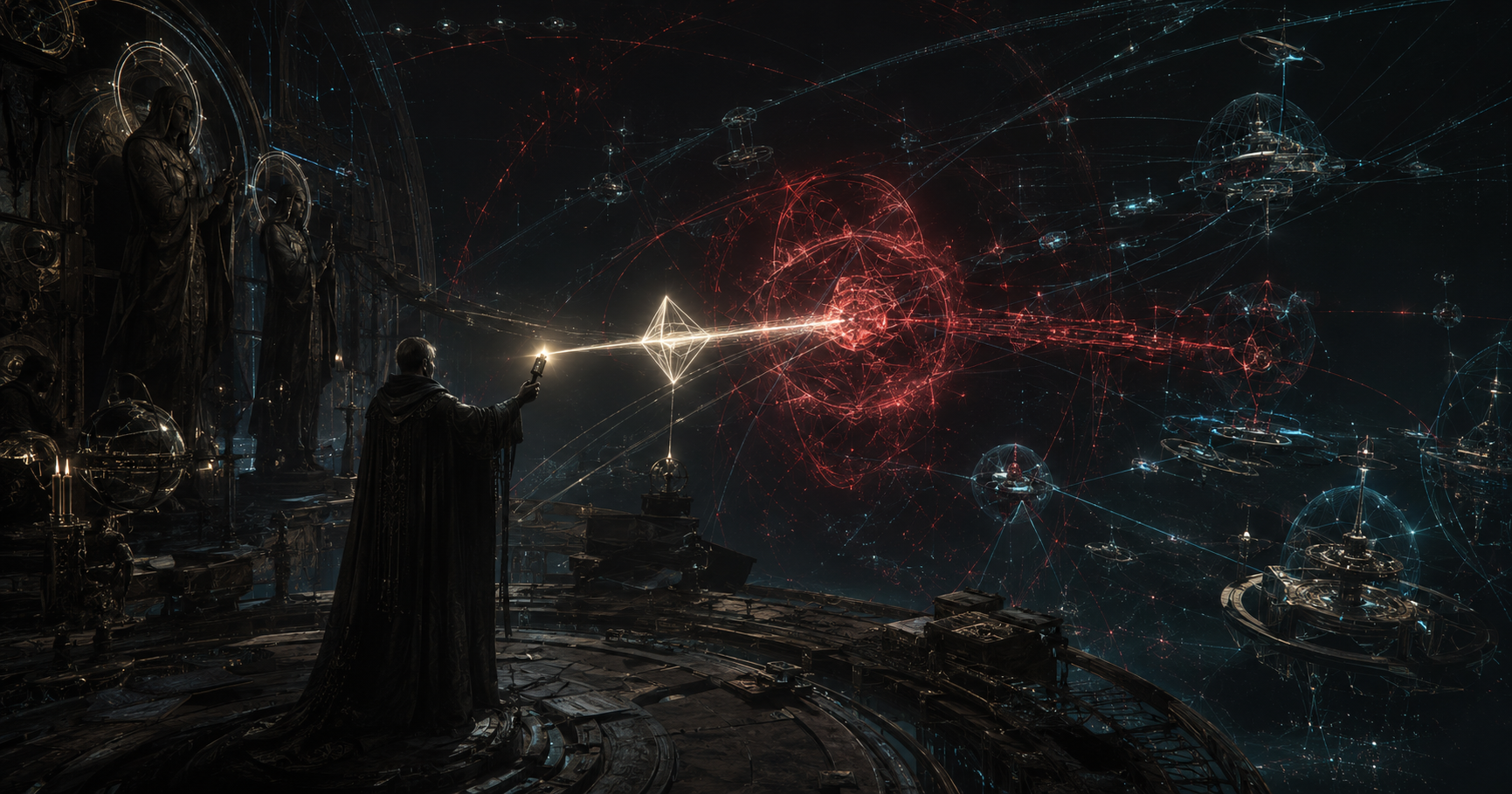 An archivist transmitting a luminous truth-packet through a corrupted orbital prayer network