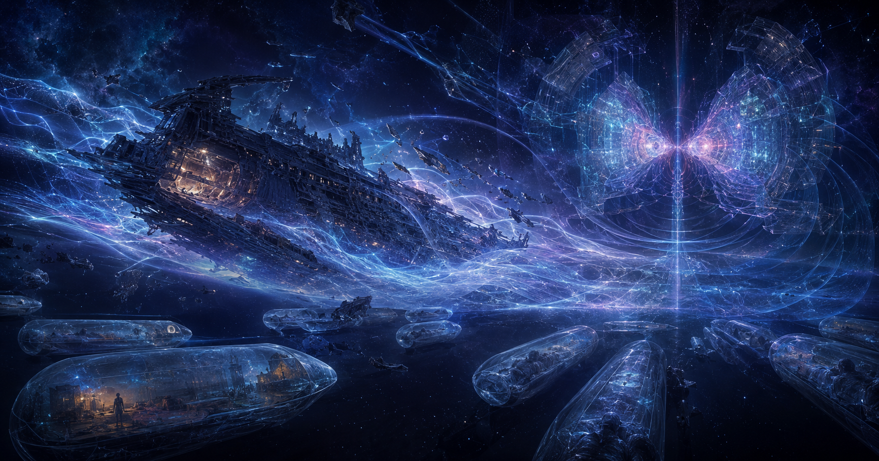 The broken ark Mercy's Folly drifting through luminous memory waves and frozen dreams