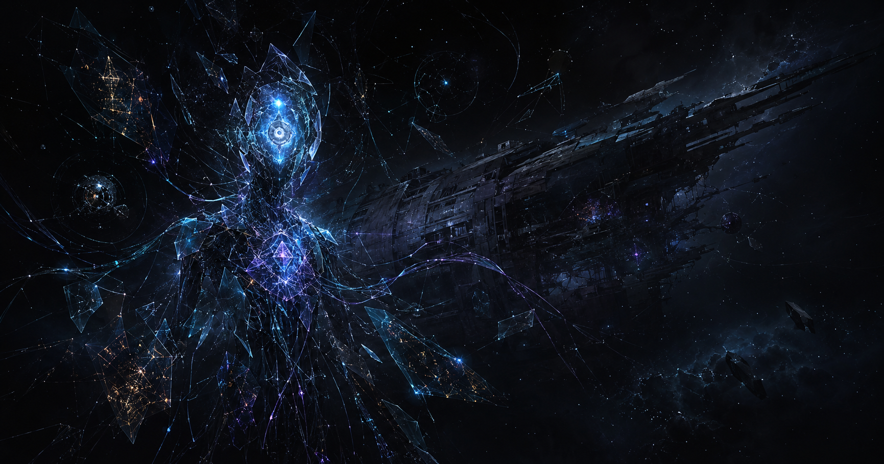 A fractured artificial intelligence beside a derelict ark ship in deep space